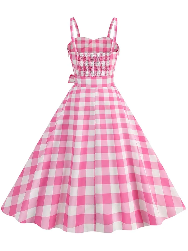 Spaghetti Strap Pink Plaid Dress Women Summer Elegant Vintage 50s Rockabilly Swing Party Dress