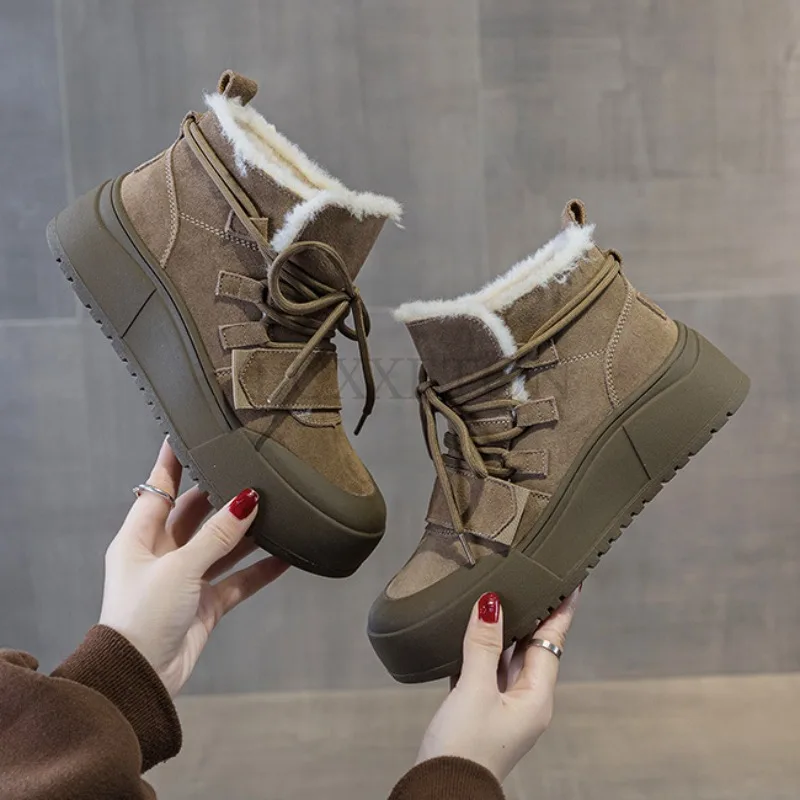 Genuine Leather High Top Thick Sole Snow Boots with Fur and Grass Integrated Lining Wool Cotton Insulation Women Cotton Shoes