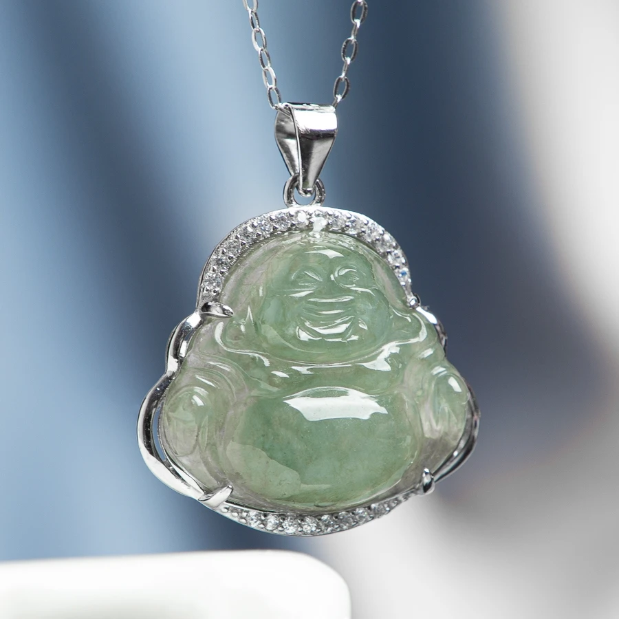 

TIMESWIND Women S925 Natural A-type Jade Green Laughing Buddha Zircon Necklace with certificate