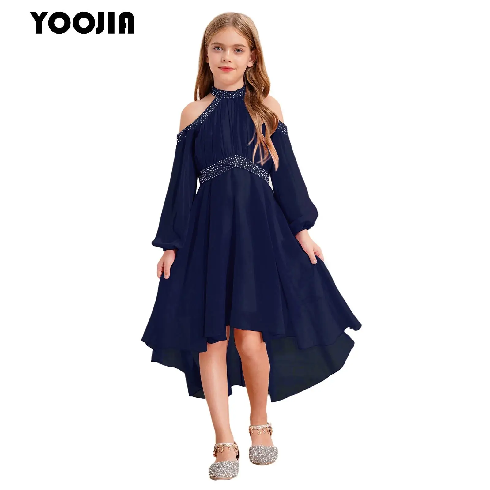 Girls Chiffon Party Dress Junior Cold Shoulder Princess Bridesmaids Flower Girl Dress Elegant Birthday Wedding Prom Ball Gown