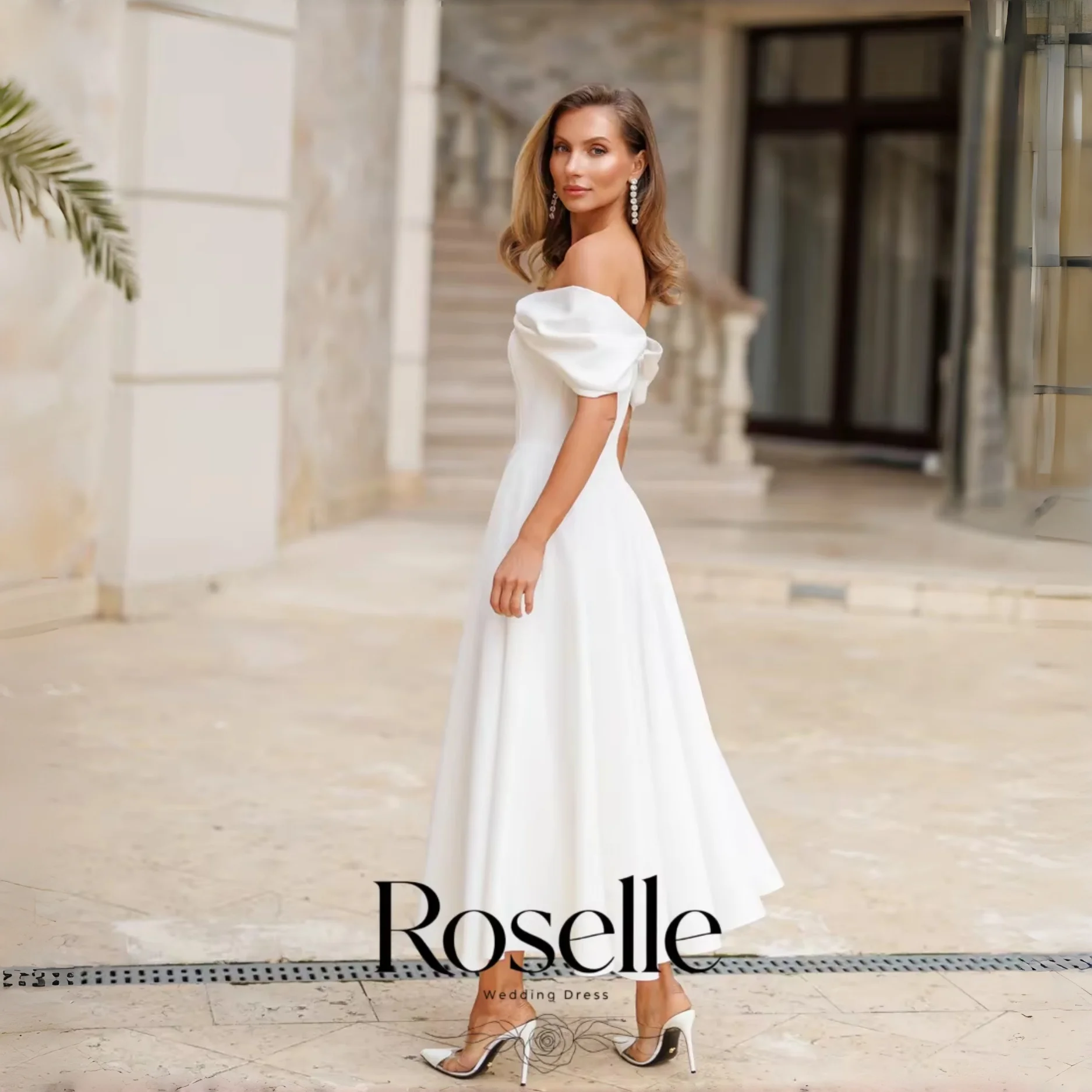 ROSELLE Simple Elegant Off Shoulder A-Line Wedding Dress Ankle-Length Open Back 2026 Bridal Gown Customized свадебное платье