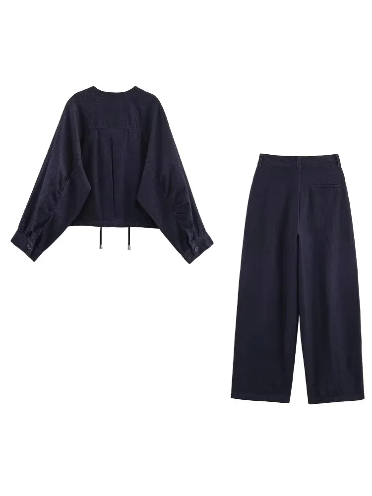 HH Women Fashion O-Neck Single-breasted Long Sleeve Drawstring Bomber Jacket+Summer Pocket Zipper Pleat Denim 2-Piece Set - Image 2