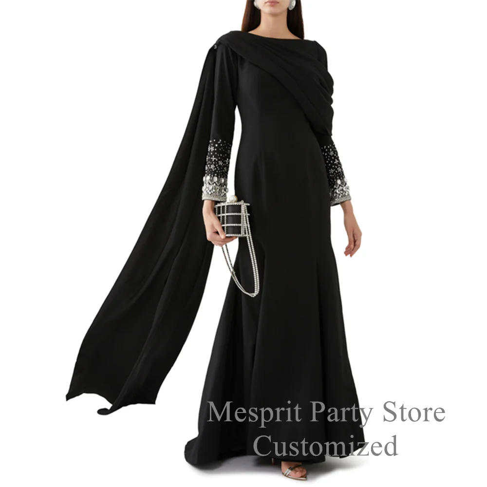 Saud Arabic Evening Dress with Cape Black Mermaid Party Gown Customized Scoop Long Sleeve Crystal Stone Arabian Prom Dresses