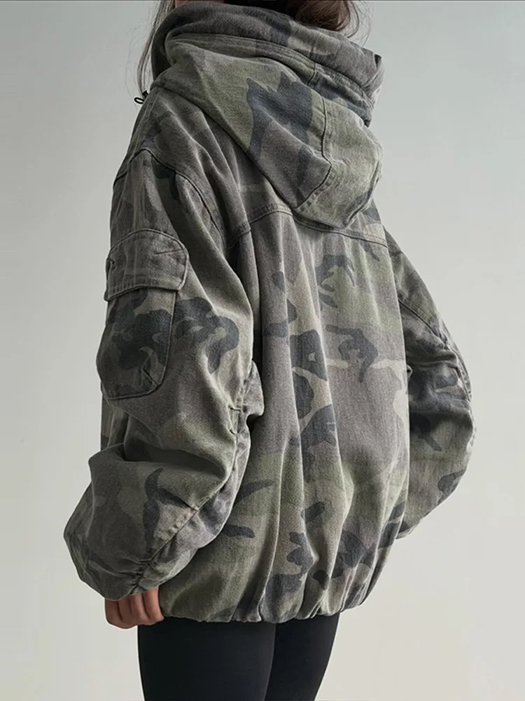 Women Camo Print Hooded Zipper Jacket Elastic Cuff Jacket Cropped Short Length Loose Puffer Winter Warm Winter Street Jackets