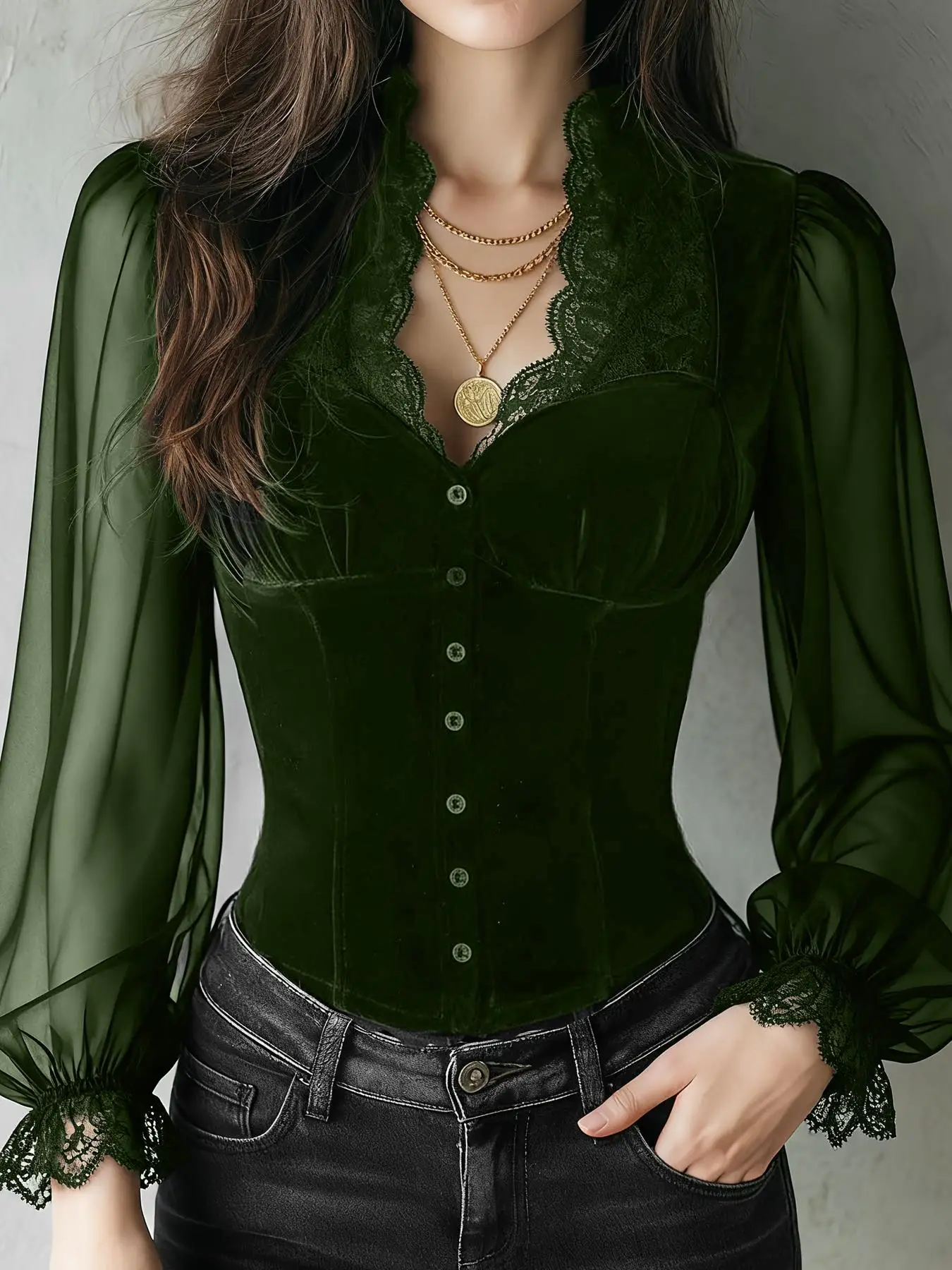 Ladies Solid Color Lace Trim Fitted Shirt Top with Button Placket Transparent Bubble Long Sleeves Lace Collar And Cuff view 5