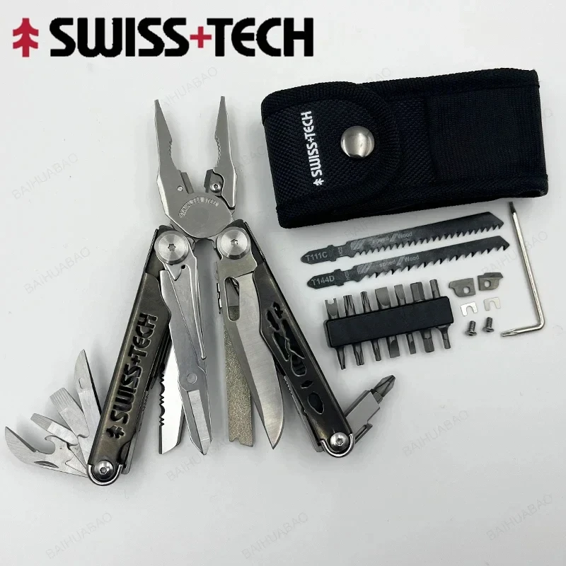 SWISS TECH 37 In 1 Multitool Pliers Folding Multi Tool Scissors Cutter With Replaceable Saw Blade EDC Outdoor Camping Equipment