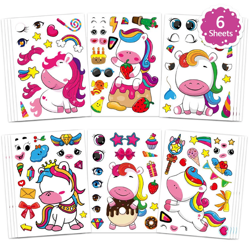 6/12Sheets Make a Face Puzzle Stickers Kids Make Your Own Unicorn Children DIY Assemble Jigsaw Game Education Toys Party Gifts