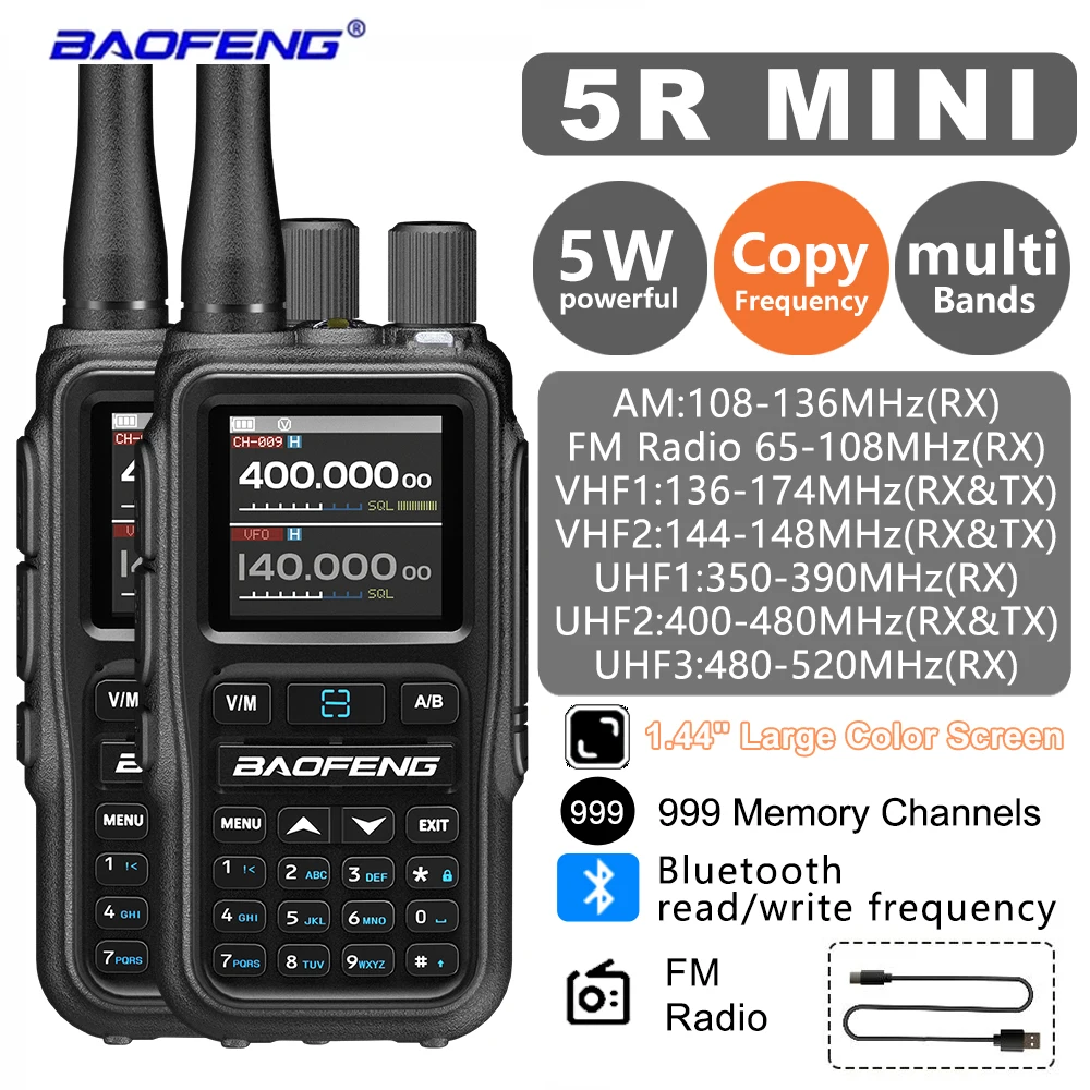 

2Pcs Baofeng 5R MINI Long Range Walkie Talkie Bluetooth APP Wireless Read/Write Frequency Type-C charge Multi Band Two Way Radio