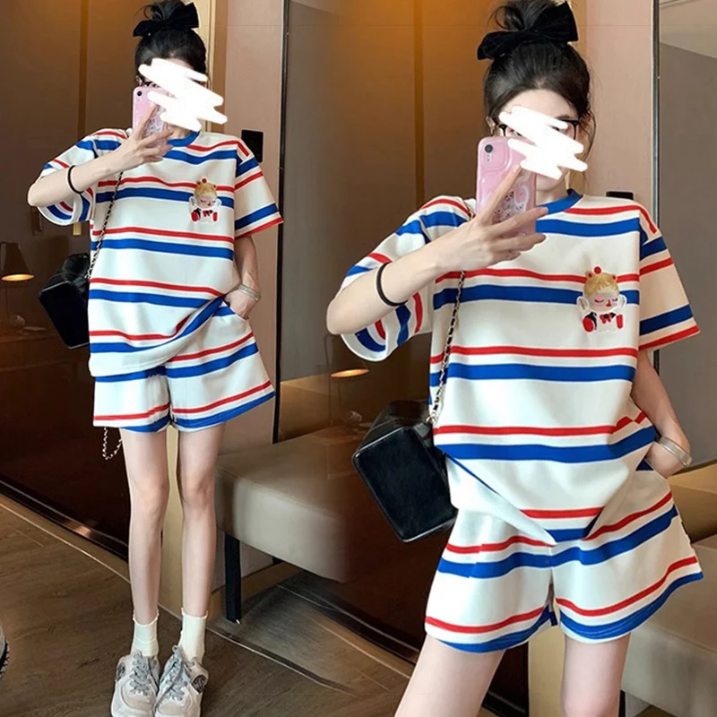 

Block Color Striped Casual Maternity Sports Clothing Set Fashion Short Sleeve O-Neck Top Belly Shorts Twinset Pregnancy 2pcs set