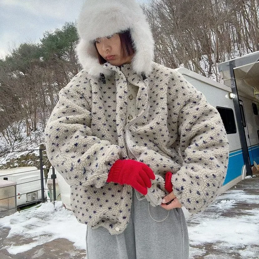 

Chic Korean Style Lamb Fur Cotton Jacket Heart Pattern Women's Coat Long Sleeve Zipper Closure Casual Commute Fashion