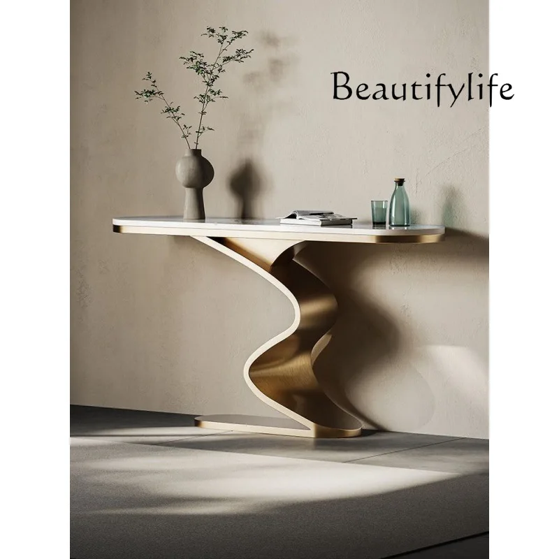 

Light luxury rock slab entrance table Modern simple hotel lobby against the wall End view platform Aisle Super narrow entrance