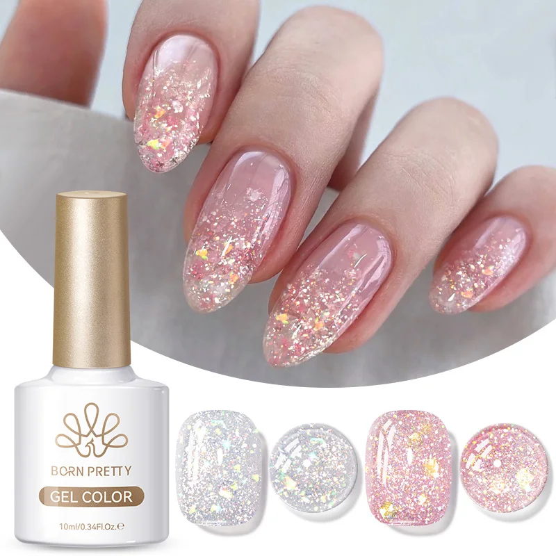 BORN PRETTY Esmalte de Gel Elven Light Jelly de 10 ml, Color Rosa Plateado con Destellos, Esmalte de Uñas Semipermanente, Manicura Artística, Gel UV LED Removible