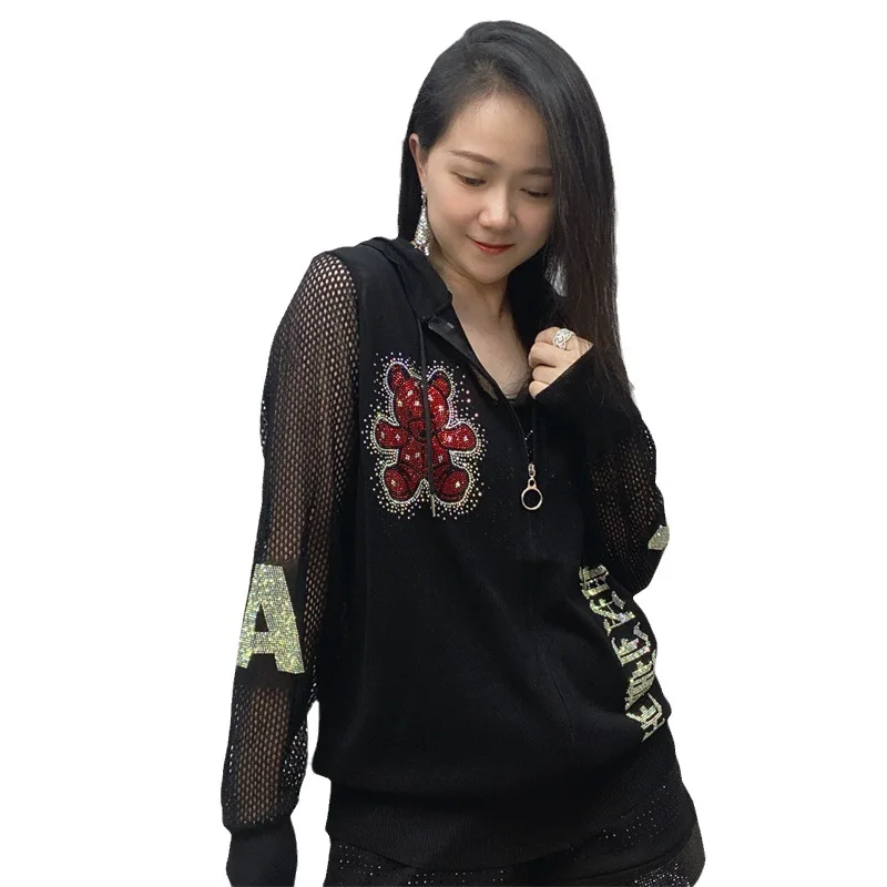 Spring Autumn Hollow Out Stitching Long-Sleeved Zipper Knitted Cardigan European Goods Hot Drilling Cartoon Hoodie Coat Women