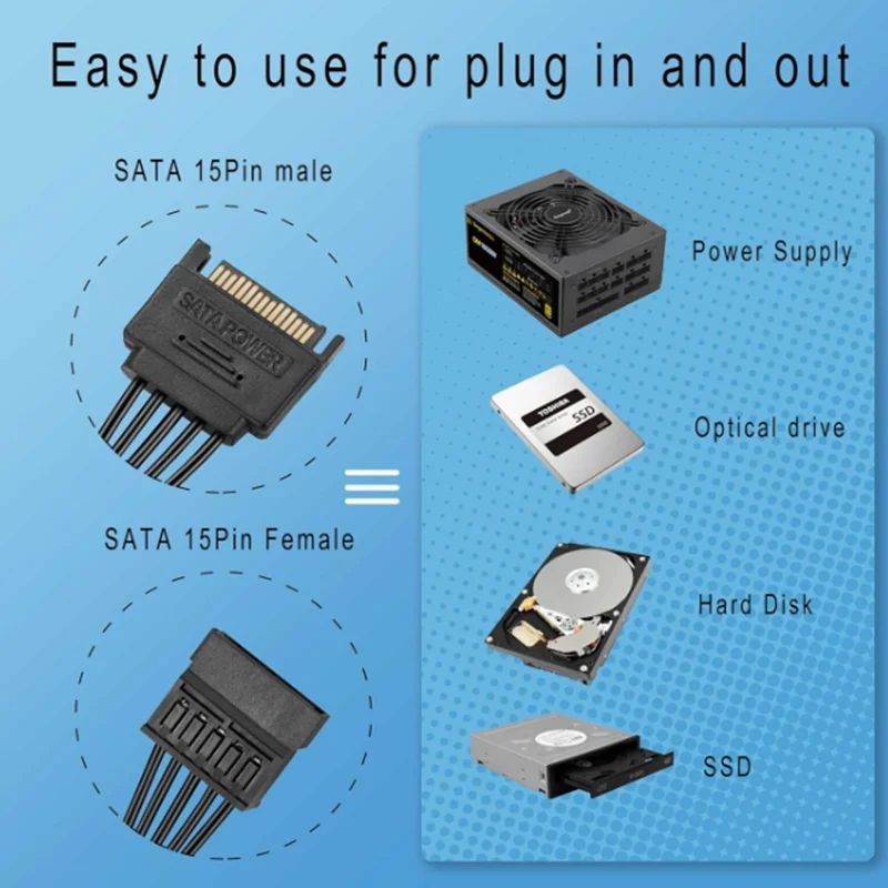 For Extension Cable Power Splitter 6 Way,15 Pin SATA Cable 1 to 1/2/3/4/5/6 for HDD, SSD, Optical Drives, Power Connector