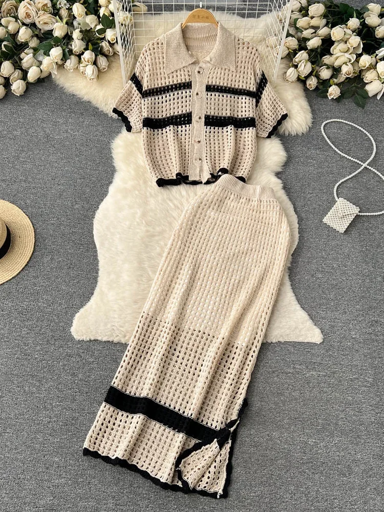 Korean Spring Summer Vacation Style Knitted Twi Piece Set Women Chic Hollow out Sweater Cardigan +Long Maxi Skirt Sets