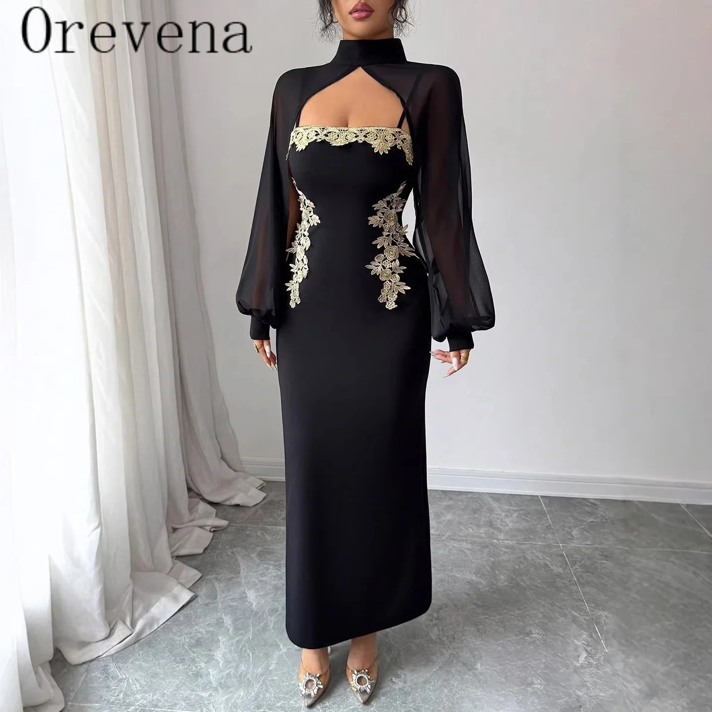 2026 Black And Gold Embroidered Dress, Mesh Patchwork, Long Sleeves, Smart Fit, Elegant Long Clothes For Women. Clothing Party