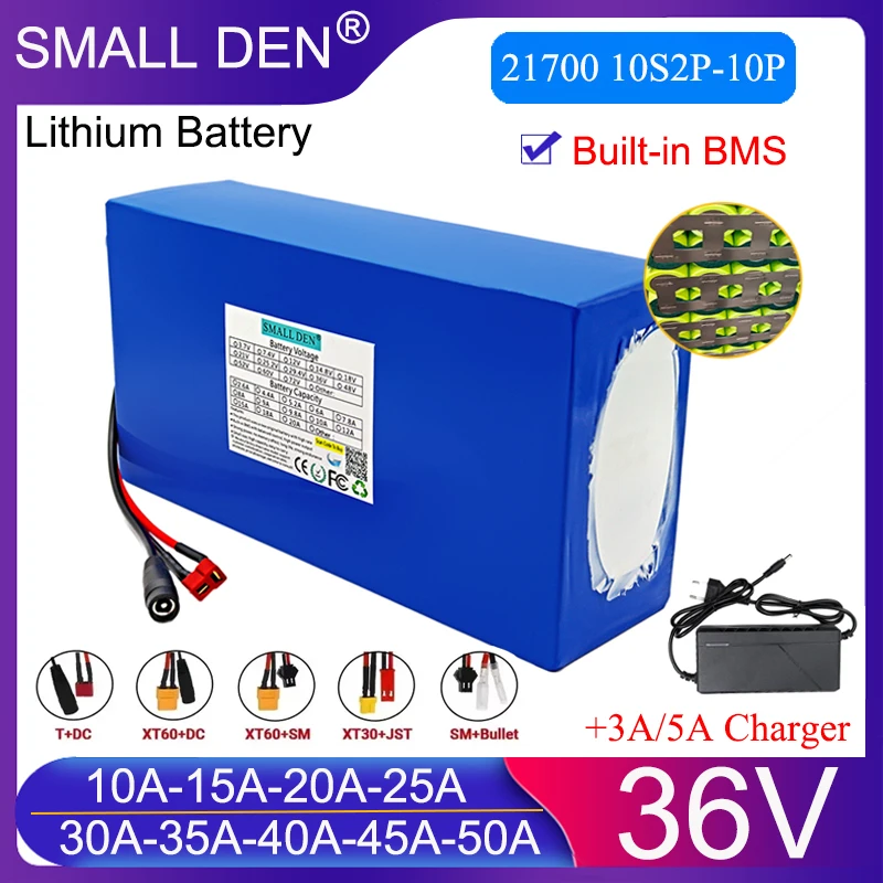 21700 New 36V 10Ah 20Ah 30Ah 40Ah 50Ah Rechargeable Lithium Battery Pack 10S2P-10P built-in BMS for E-two wheelers Battery Pack