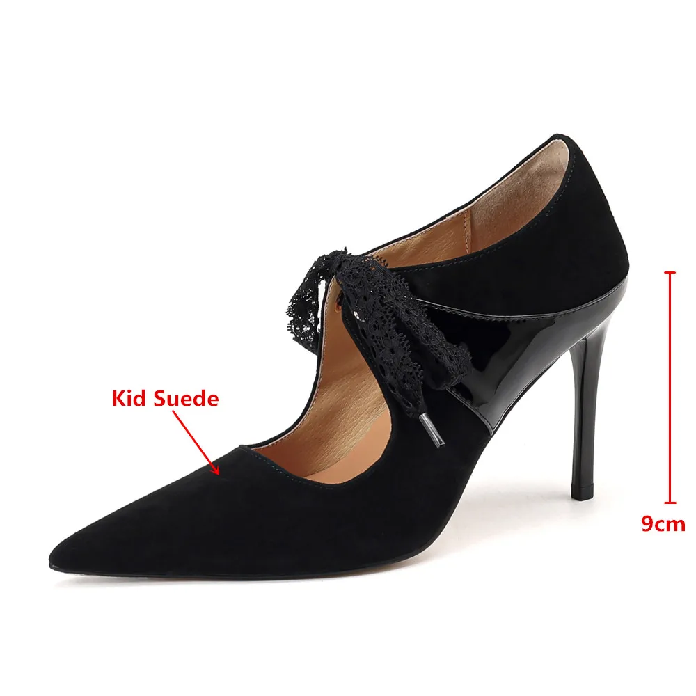 MILI-MIYA New Arrival Women Kid Suede Pumps Butterfly Knot Lace Up Pointed Toe Sexy Super High Thin Heels Dress Party Shoes Hand