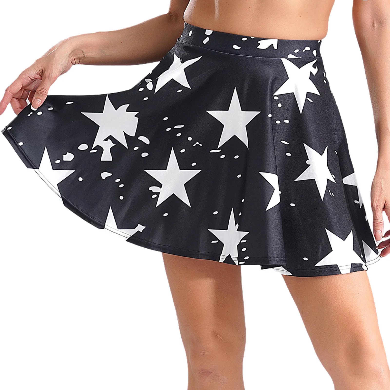 Fashion Women Printed A-line Skirts Summer Satin Elastic Waistband Ruffled Mini Skirts for Cheerleading Dance Stage Performance