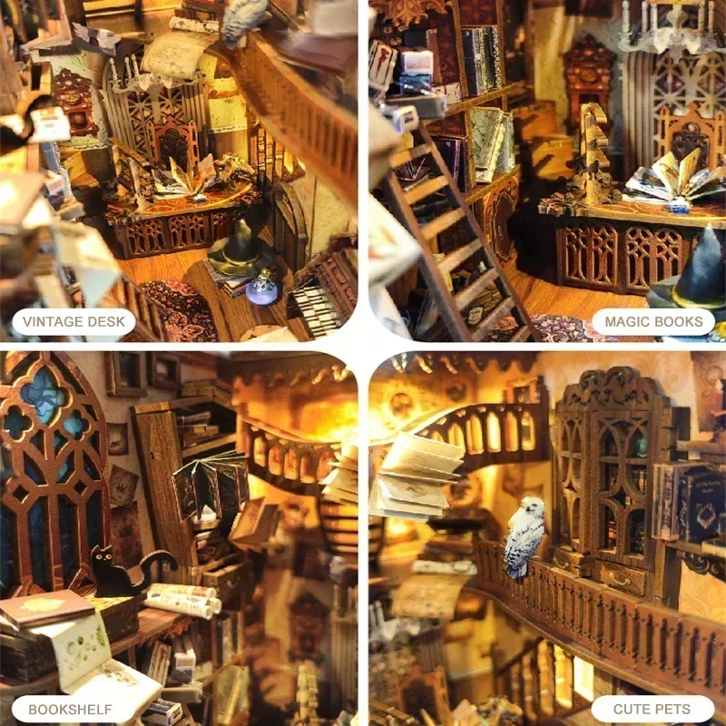 

Magic House Bookshelf Retro DIY Wooden Book Nook Shelf Insert Miniature Kits Bookend Decor