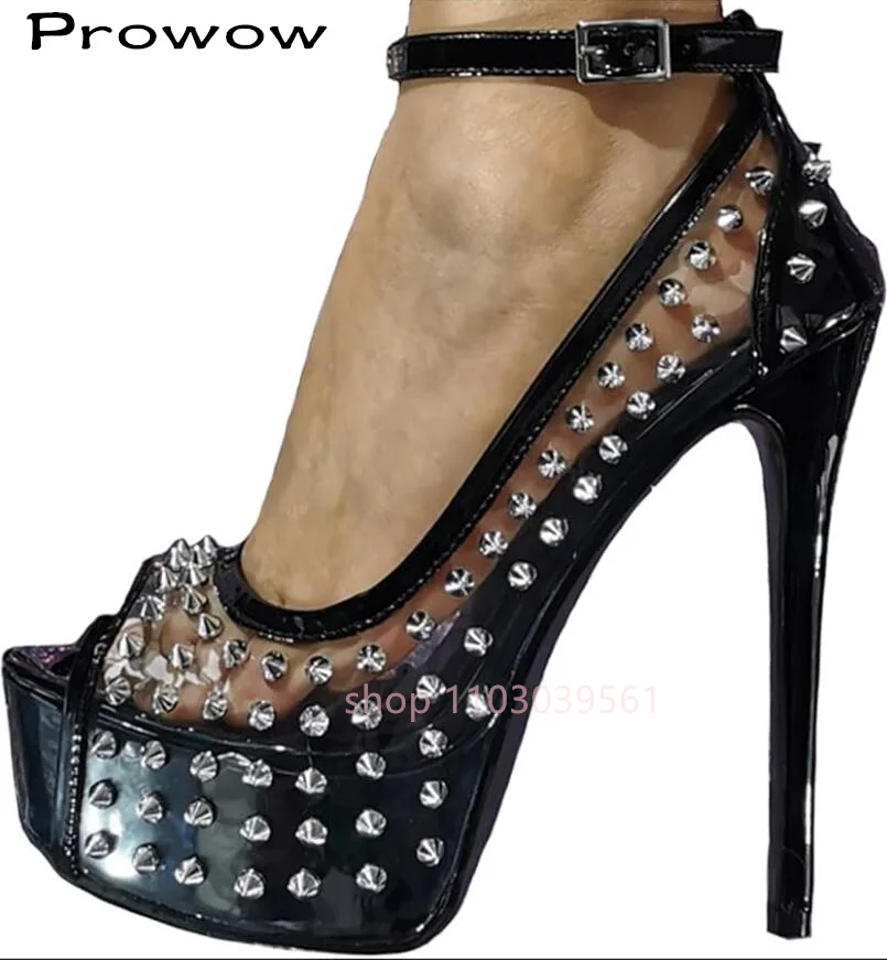 Zapatos de tacón con tachuelas y plataforma para mujer, sandalias de tacón de aguja finas con retales transparentes de PVC, para fiesta y Club