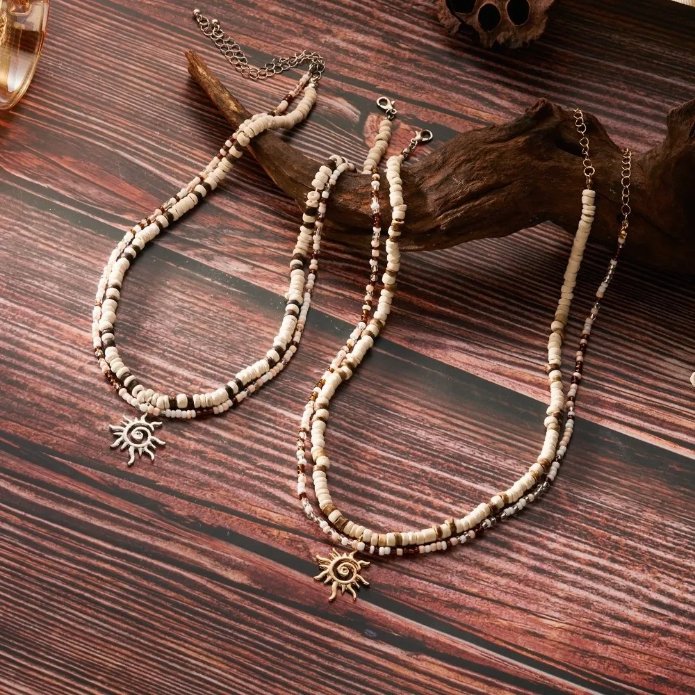 2 Pieces Set Vintage Boho Coconut Wood Beads Necklace Double-layer Ethnic Style Rice Beads Necklace Handmade Adjustable Length