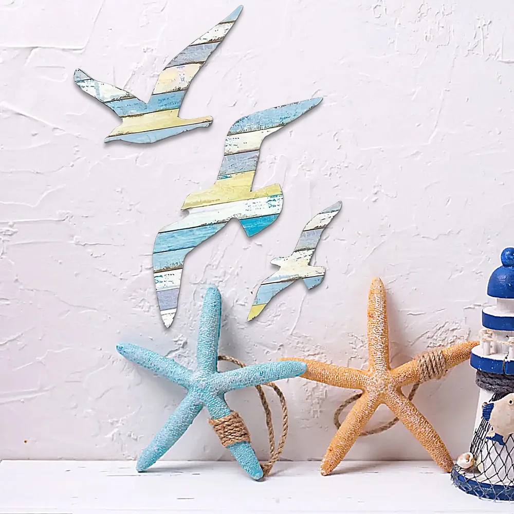 

6Pcs Nautical Seagulls Wall Hanging Decor Wooden Sea Birds Mediterranean Style Art Ornaments for Living Room Bedroom