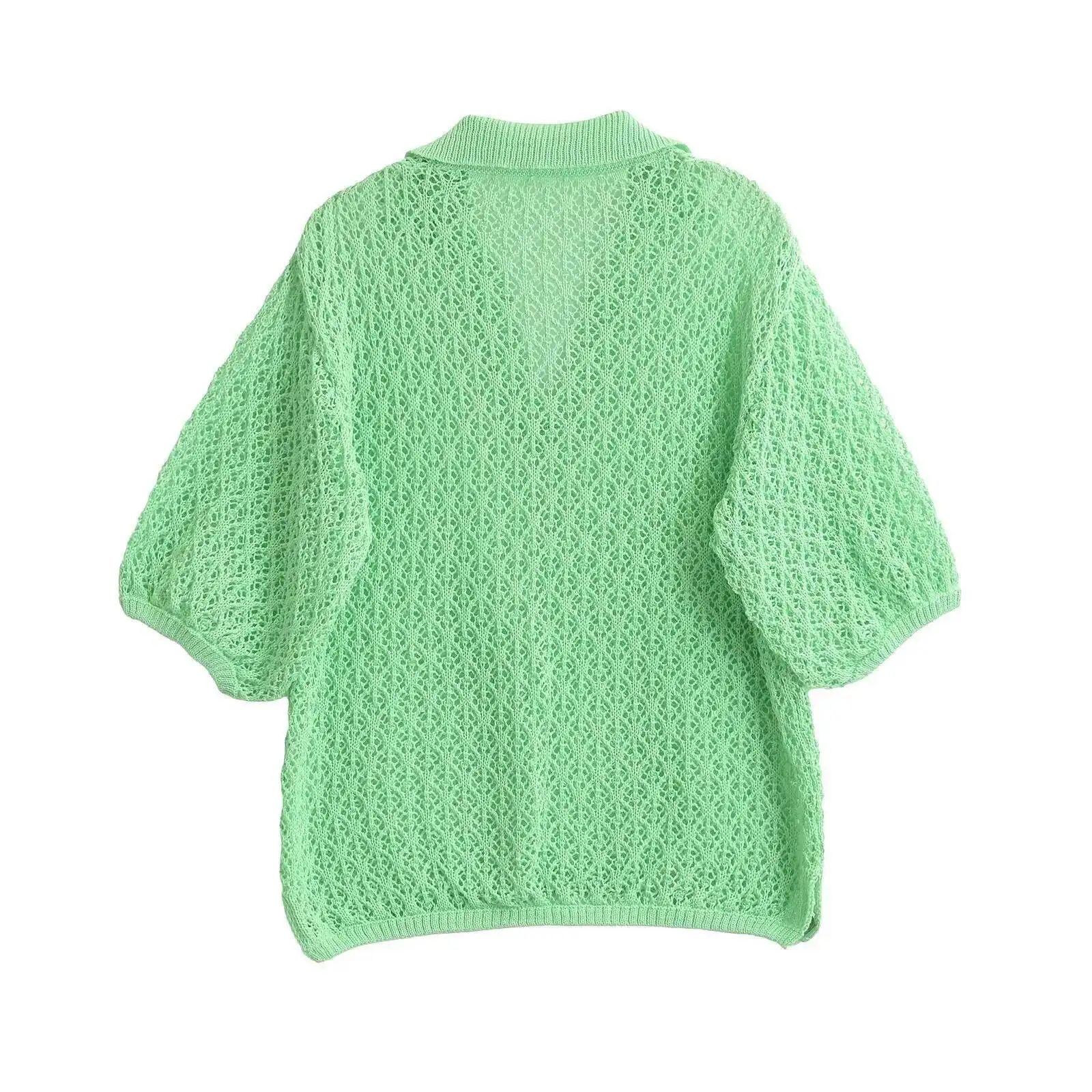 Women Jacquard Solid Knitted Hollow Out Pullover Sweater Vintage Lapel Neck Short Sleeve Female Chic Lady Tops