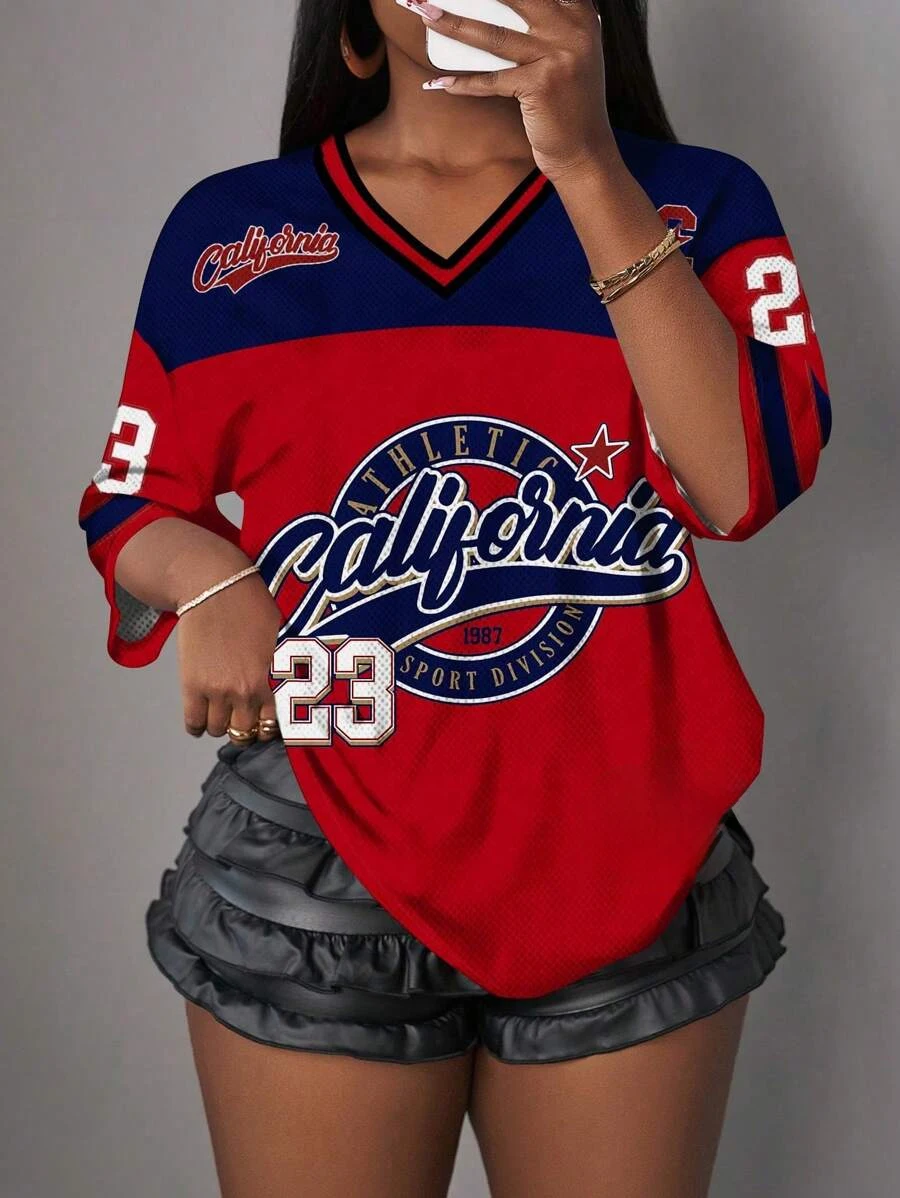 

European And American Women's Fashionable Casual V-Neck Short Sleeved T-Shirt No.23 Loose, Breathable And Comfortable Sports Top