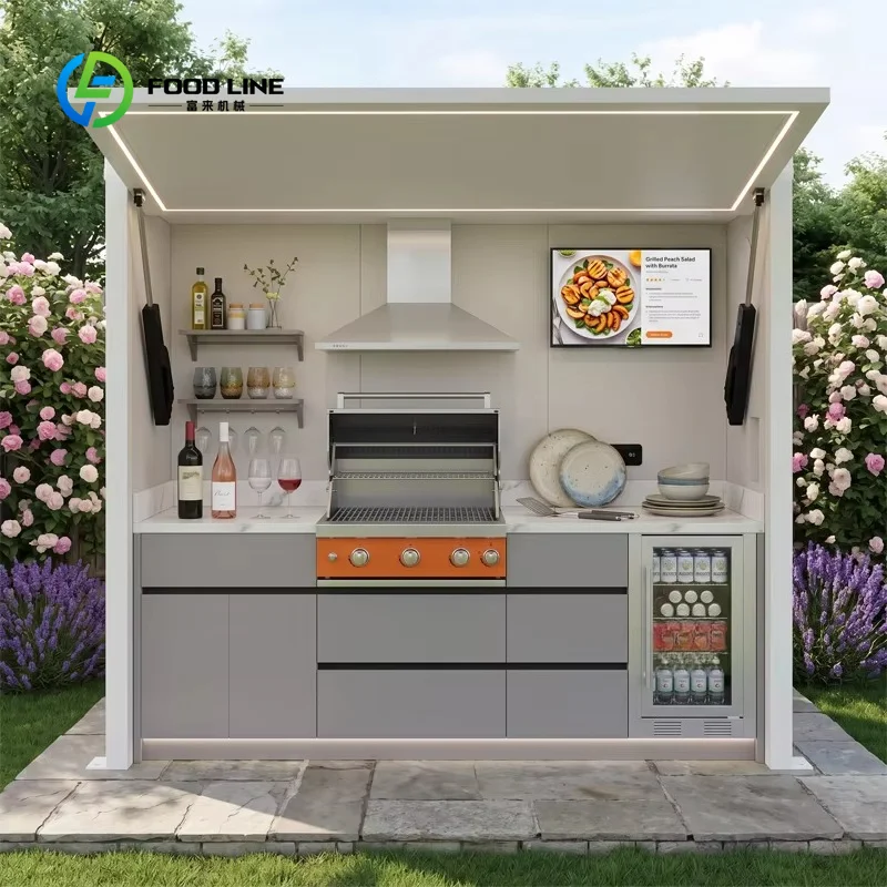 Most Popular Stainless Steel Remote Control Outdoor Kitchen with Shed Modular Sink BBQ Pod for Garden Chrome Plated