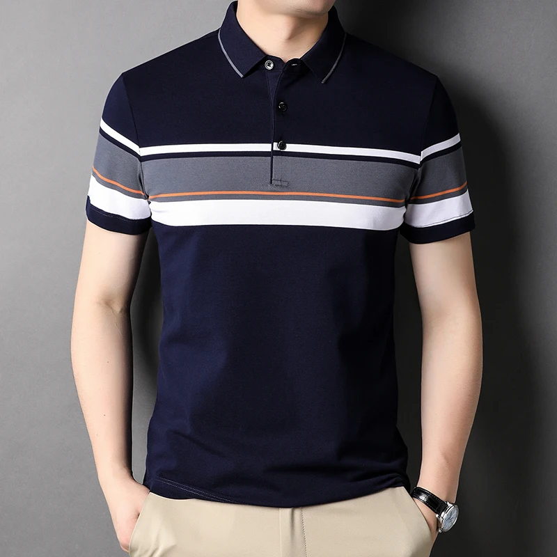 

New Classic Men's 95% Cotton Polos Clothes 2024 Summer Fashion Stripes Tops Short Sleeve Male Cotton Turn Down Collar Shirts