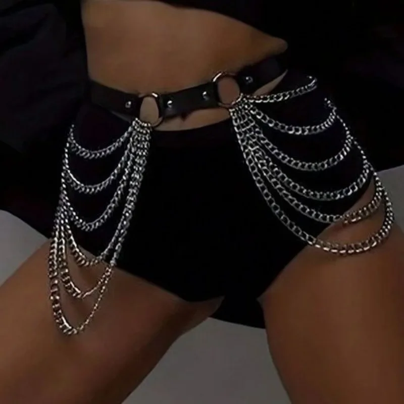 

Versatile Gothic Punk Sexy Gothic Black Belt Metal Multi-layer Chain Waist Decoration Leather BindingTassel Performance Jewelry