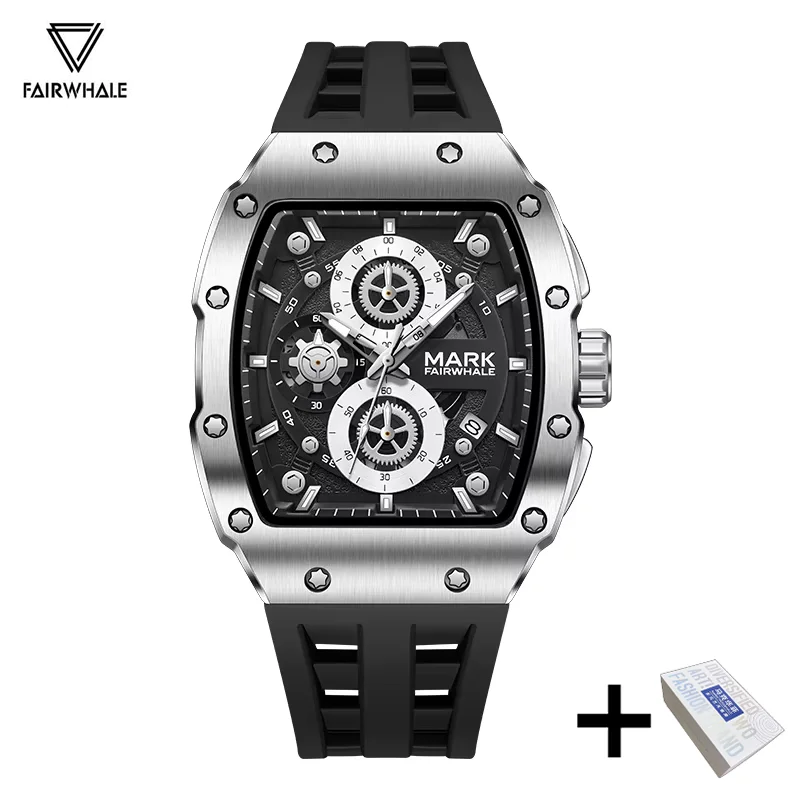 

Mark Fairwhale Sports Men's Watch Casual Silicone Strap Tonneau Watches Man Luxury Multifunctional Waterproof Quartz Wrist Watch