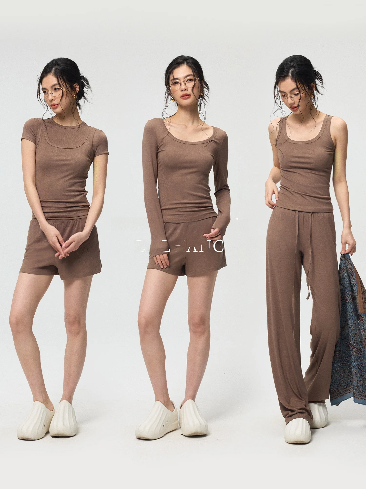 

Comfortable Soft Lazy Miu Style Inner Wear Base Shirt Long Short Pants Set Casual Sport Suit for Women Lightweight T-Shirt