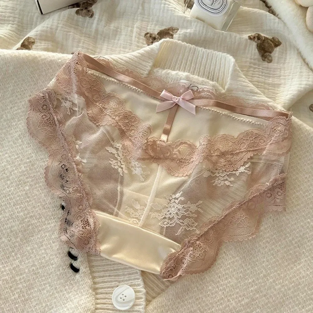 Lingerie Seamless Lace Panties Cotton Crotch Mesh Transparent Underwear for Women Sweet Lace Bow Briefs Lady