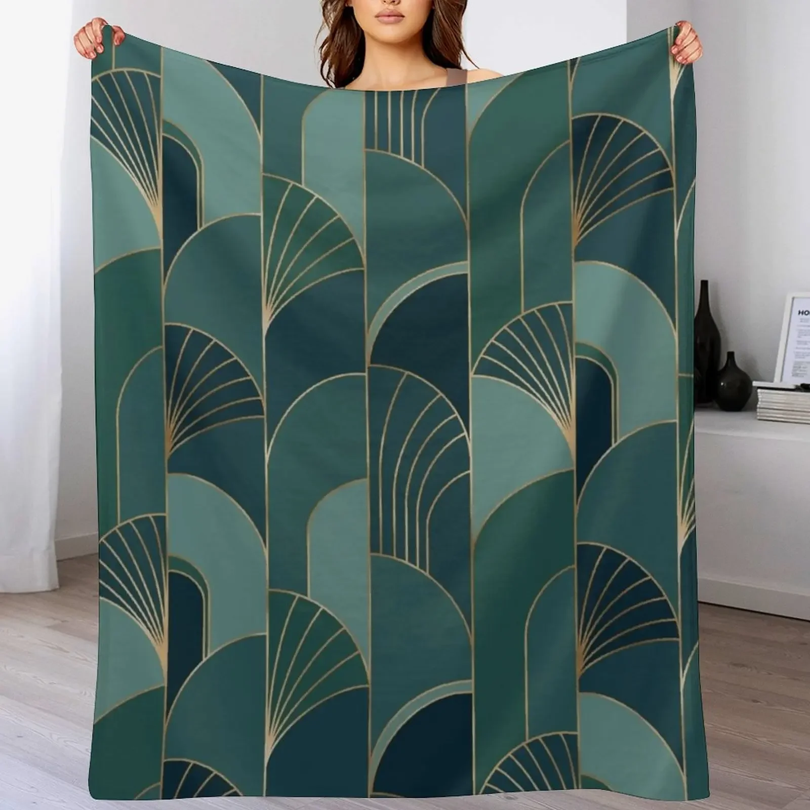 1920s Green Art Deco Scallops Throw Blanket Luxury Flannel Blankets