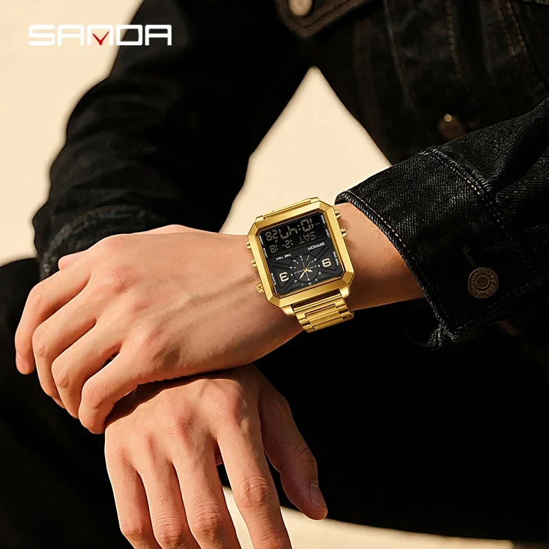 SANDA สแตนเลสสตีลกีฬาสแควร์นาฬิกาควอทซ์ผู้ชายจอแสดงผลคู่กันน้ำ LED นาฬิกาดิจิตอลนับถอยหลังนาฬิกาข้อมืออิเล็กทรอนิกส์ชาย