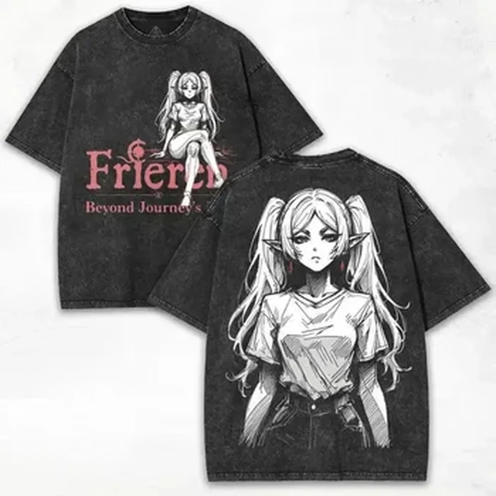 Frieren: Beyond Journey's End Anime T-shirt For Men's Clothing Vintage Washed Oversized T Shirt High Quality Cotton Tees Tops