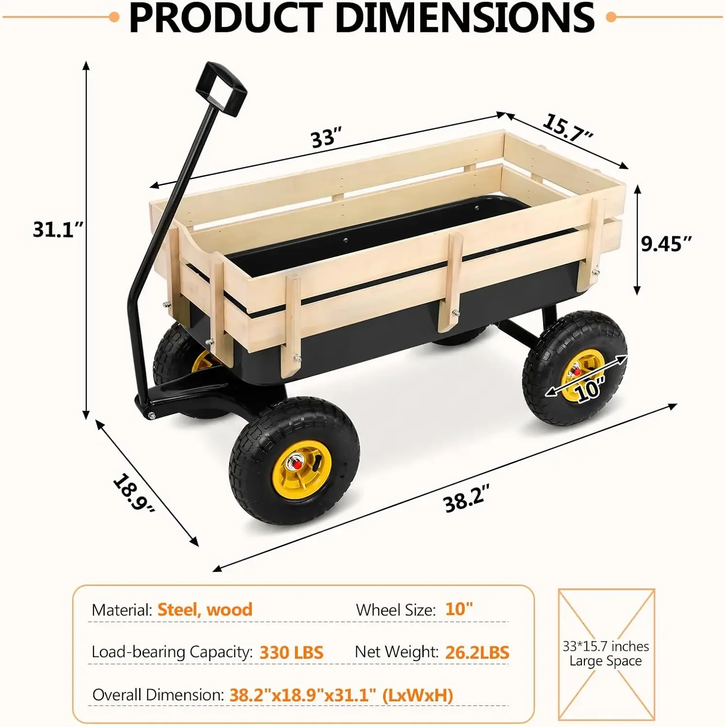 All-Terrain Cargo Wagon with 10-Inch Air Tires, Steel Bed & Wooden Side Panels, Spacious 33