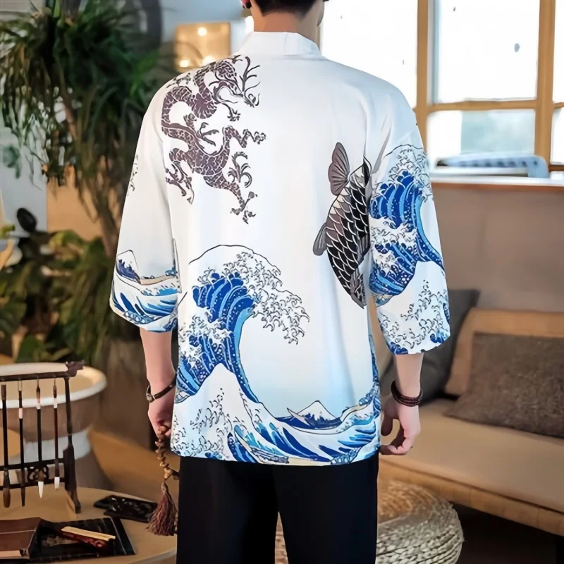 Cardigã retrô chinês masculino, quimono estampado de carpa hanfu ukiyoe, camisa fina e solta com veste taoísta, roupa de praia com protetor solar, verão