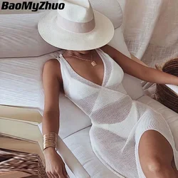 2023 New Crochet Beach Maxi Dress para as Mulheres Ver Através Sexy Bikini Plunge Backless Bandage Sem Mangas Lacing Dividir Vestidos Longos