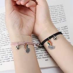 1 Pair Magnet Attract Couple Bracelet Rainbow Bell Pendant Friendship Jewelry Adjustable Braided Rope Bangle for Women Men