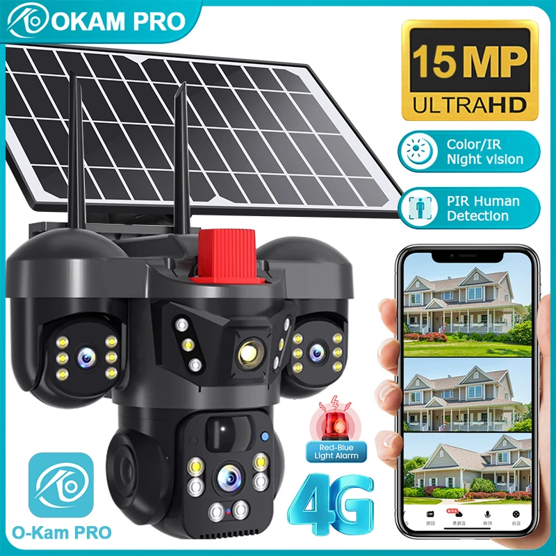 

OKAM PRO 4G SIM Solar Camera HD 15MP Triple Lens Outdoor Camera 12000mAh Two-Way Intercom Motion Tracking Night Vision CCTV