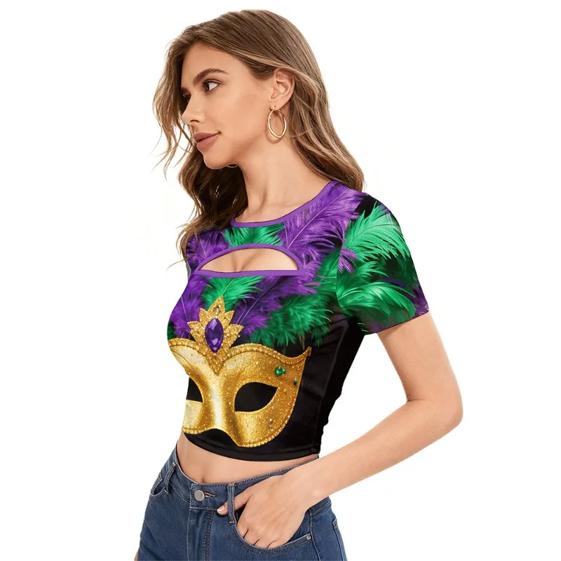 Women Mardi Gras Mask Feather Print Crop T-Shirt Round Neck Cutout Front Short Sleeve Slim Fit Party Crop Top