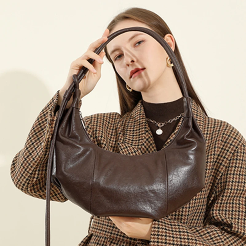 

Burminsa Vintage Genuine Leather Crescent Underarm Shoulder Bags For Women 2025 Luxury Designer Crossbody Hobo Ladies Handbags