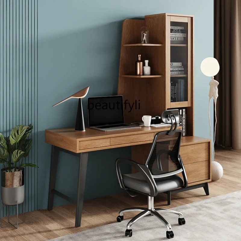 

Nordic Solid Wood Desk Bookshelf Integrated Table Light Luxury Modern Corner Computer Desk Home Small Apartment Bedroom Desk