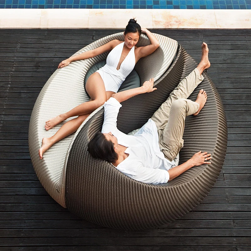 Couple casual rattan chair round bed combination