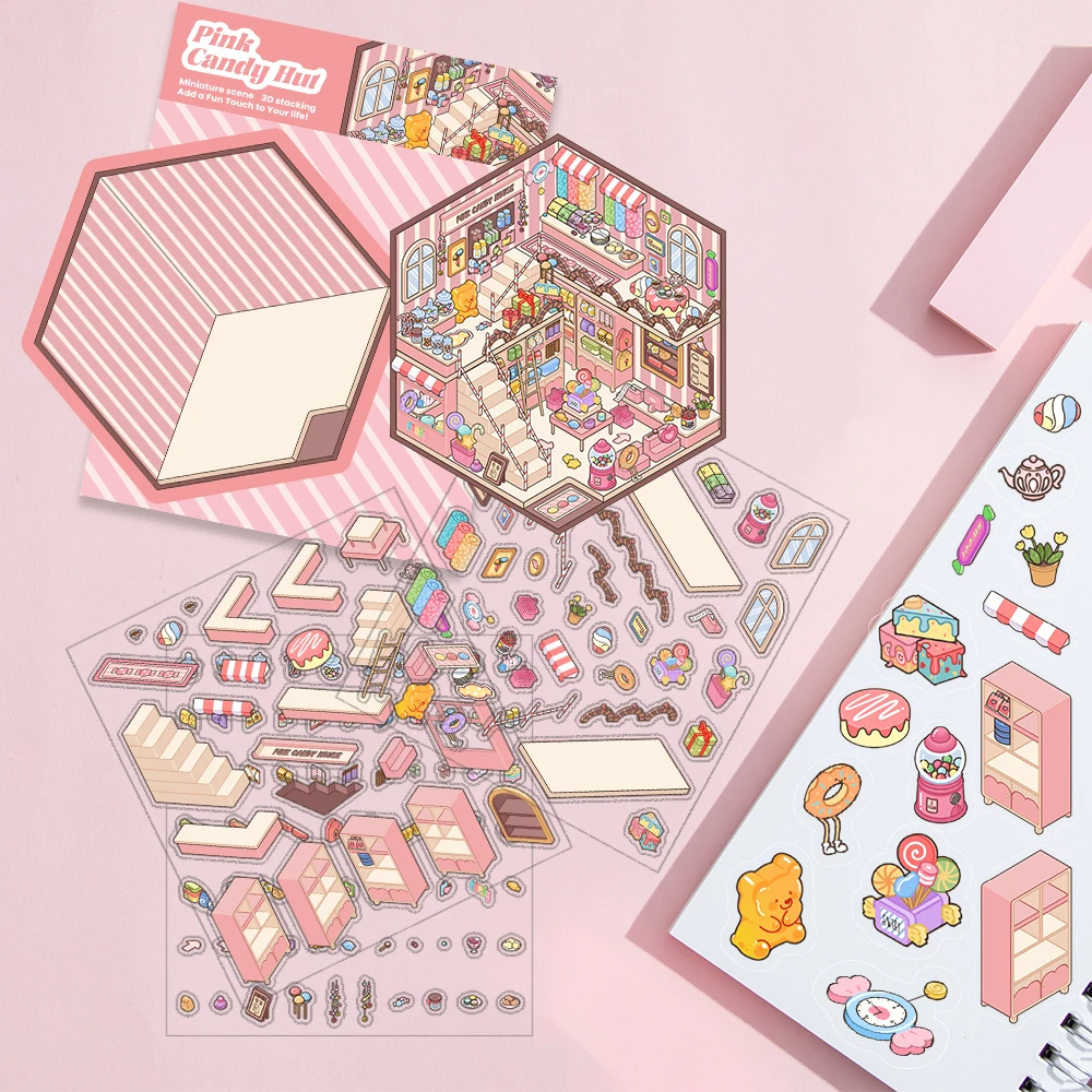 1Set DIY 3D Rosa Candy Shack Miniatur Aufkleber Machen Szenen Warme schöne Aufkleber Visuelle Stapeln Relief Stress Durchgang Die Zeit