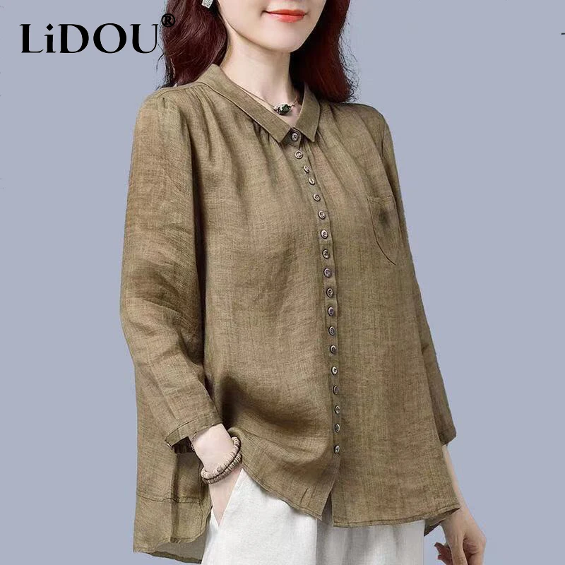 Spring Autumn Vintage Cotton Linen Cardigan Shirt Ladies Elegant Long Sleeve Buttons Top Women Comfortable Loose Casual Blouse