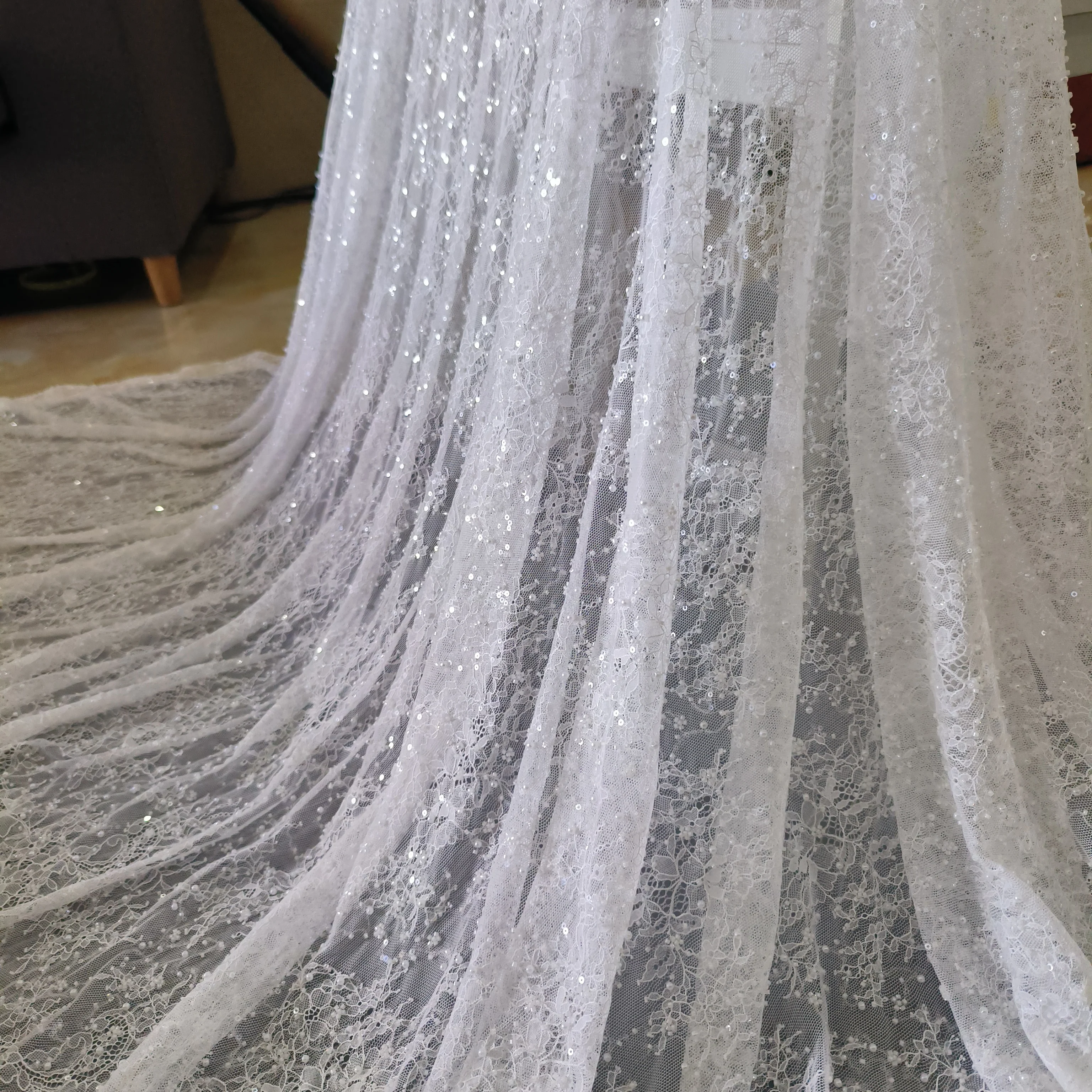 

White Fashion Chantilly Lace Wedding Dress Clothing Classic French Style Soft Embroidery Beaded Lace Fabric 3 Meters